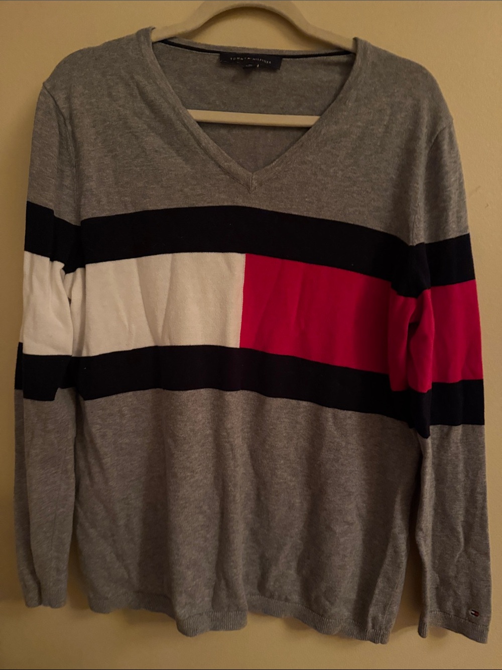 Tommy Hilfiger Gray V-Neck Sweater with Red, White & Black Stripes